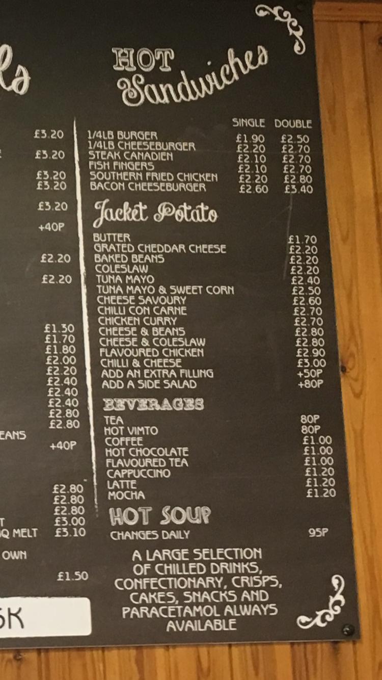 Menu at Butties fast food, Oldham, 102 Union St