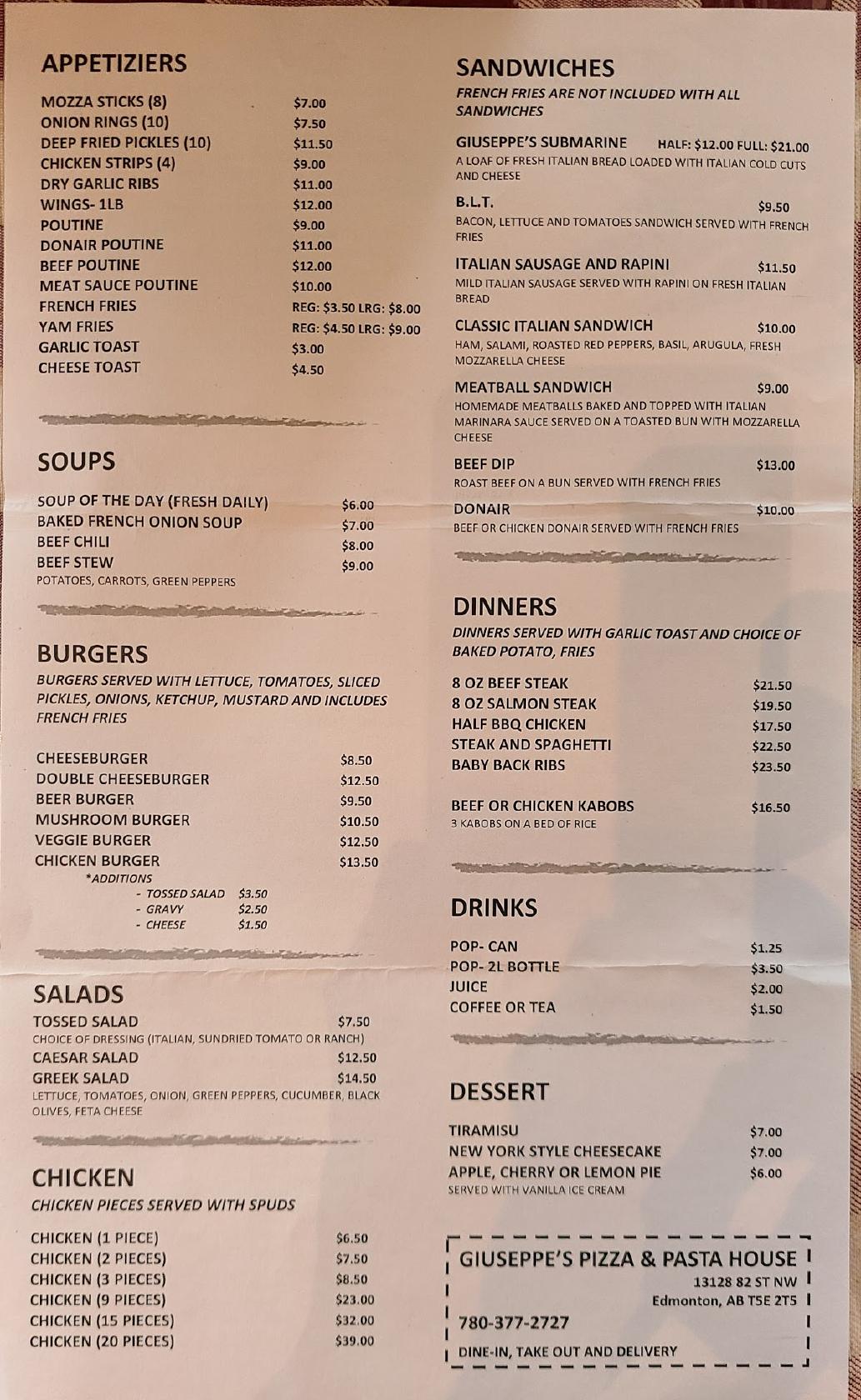 Menu at Giuseppe's Pizza and Pasta House pizzeria, Edmonton