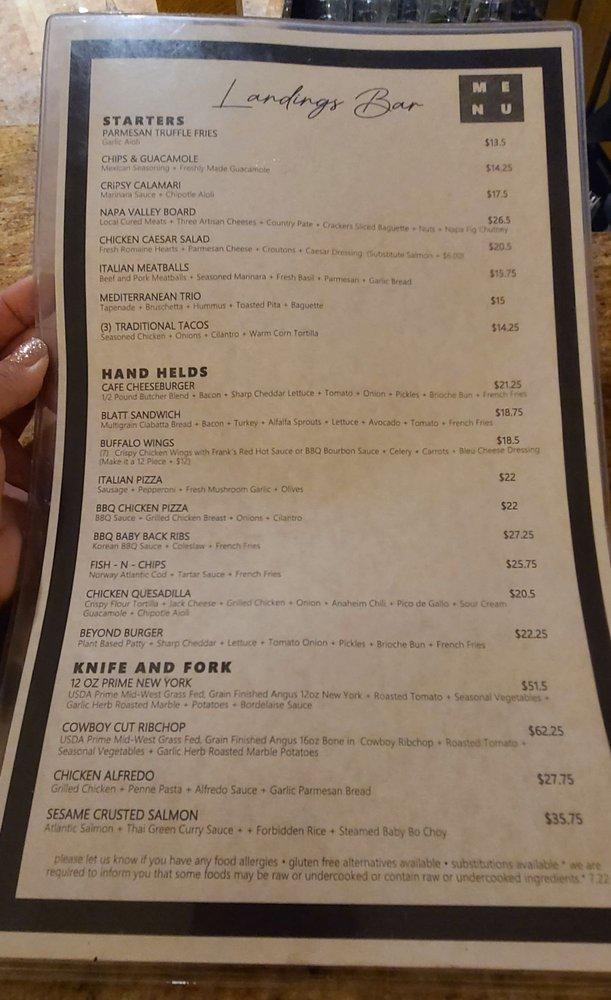 Menu at Landings Bar, Los Angeles, W Century Blvd