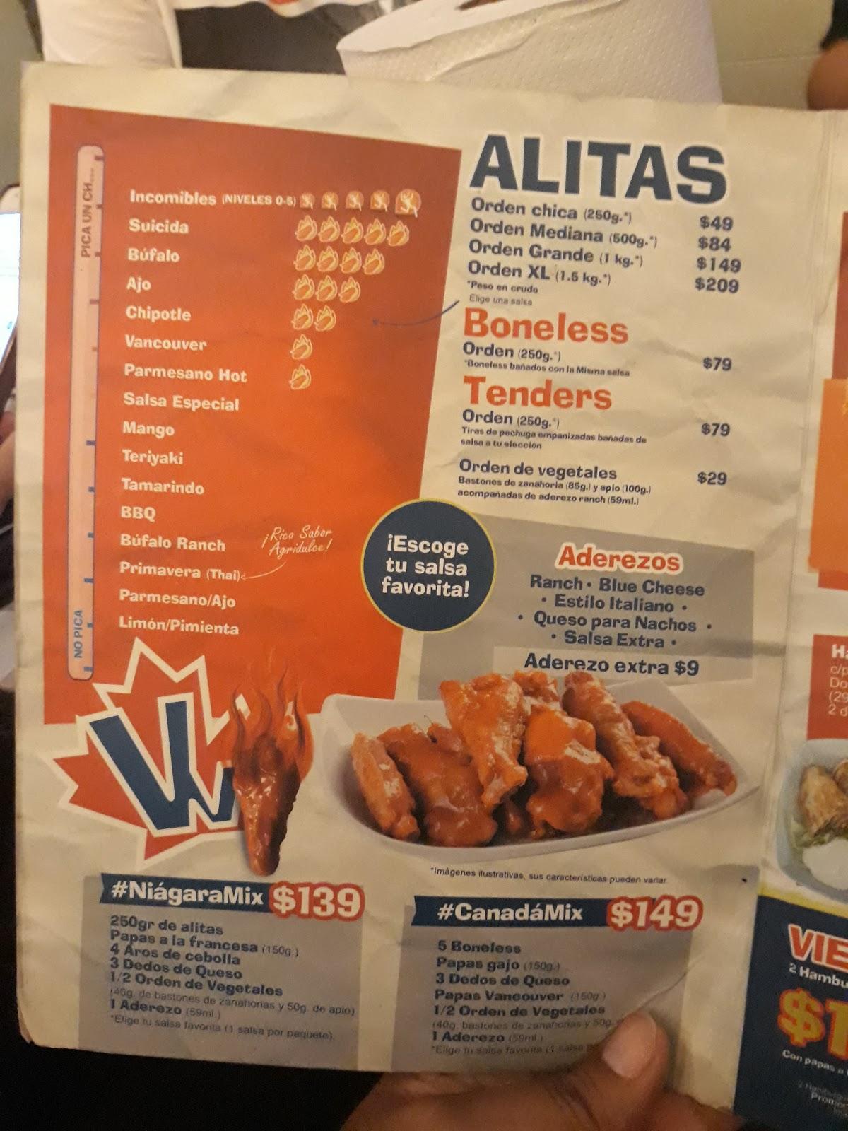 Menu at Vancouver Wings Linda Vista restaurant, Monterrey