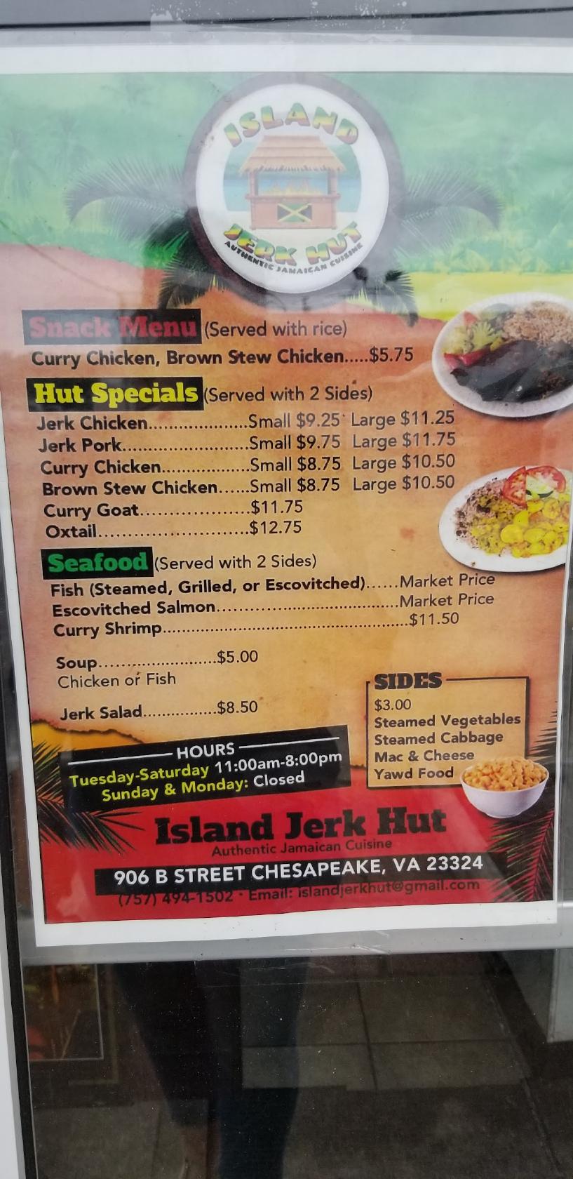 Menu at Island Jerk Hut restaurant, Chesapeake, Indian River Rd