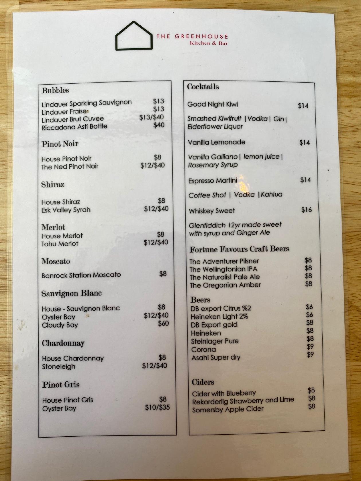 Menu at The Greenhouse Kitchen & Bar, Rotorua