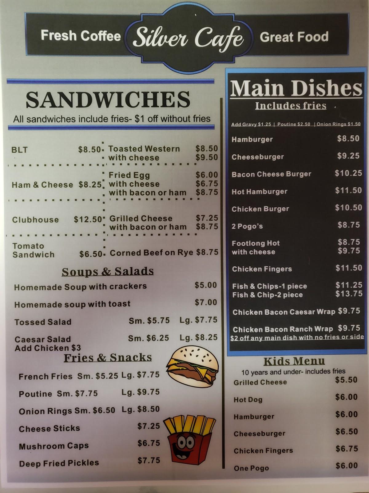 Carta de Silver Cafe Restaurant & PIZZA, Cobalt, 3 Prospect Ave