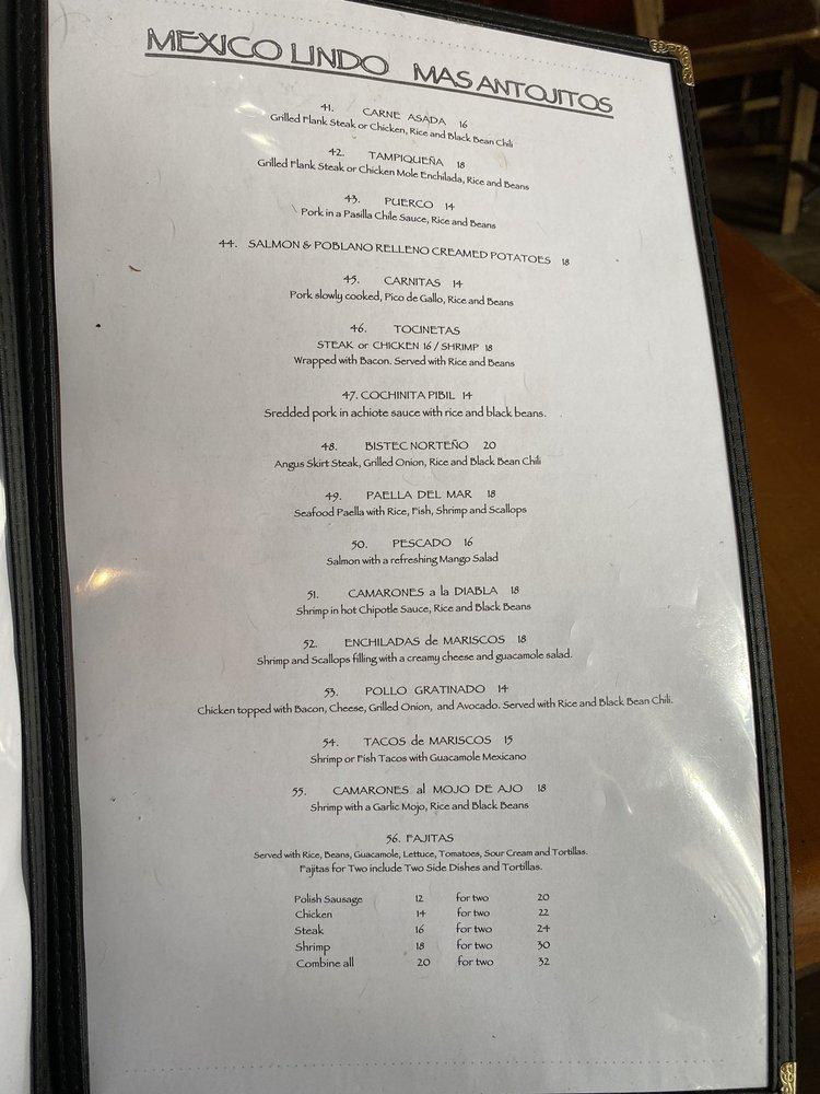 Menu at Mexico Lindo Restaurant, Birmingham, 350 Hollywood Blvd