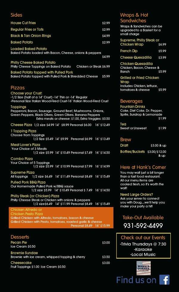 Menu at Hank's Corner Grille pub & bar, Tracy City