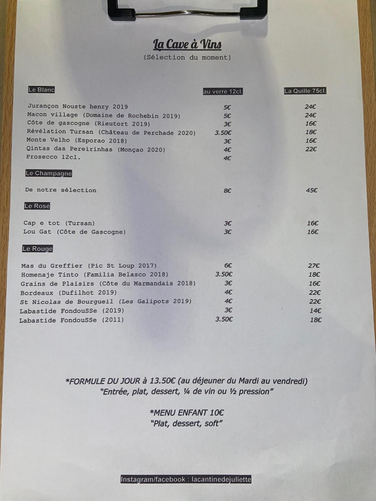 Menu au La Cantine de Juliette restaurant, Tartas