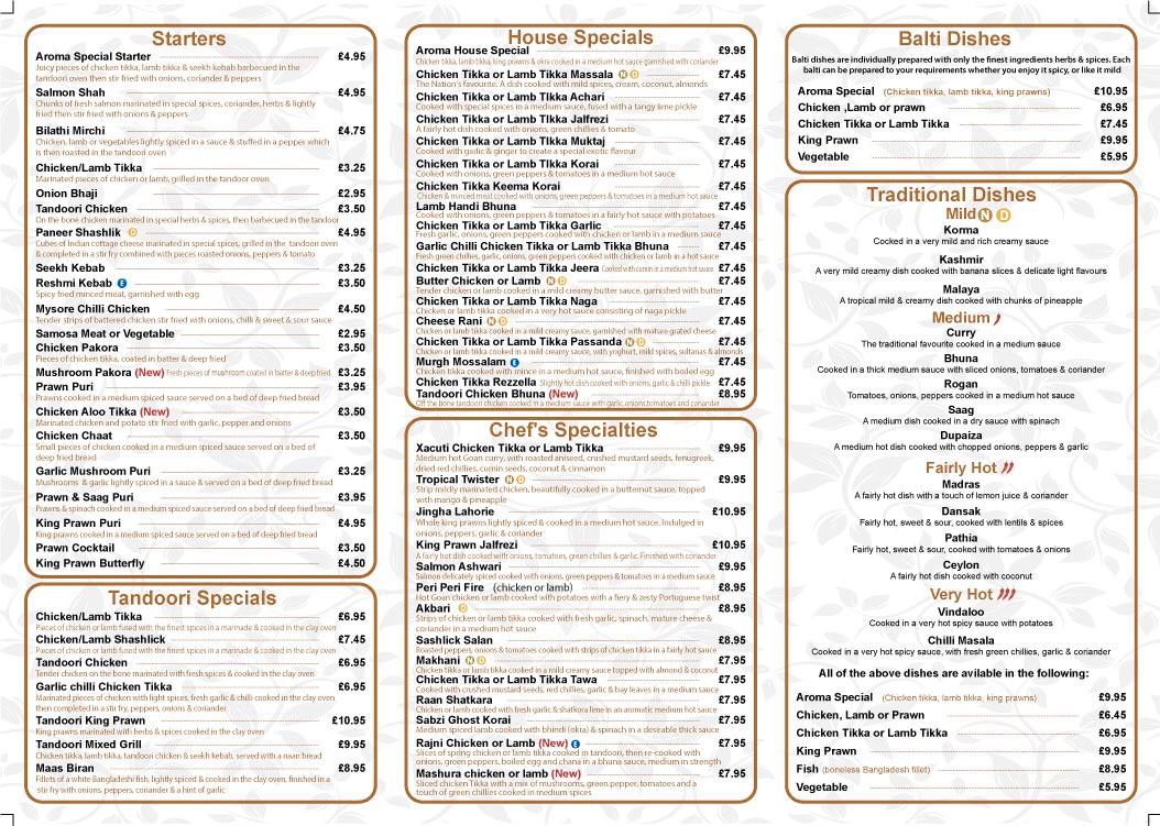 Menu at Aroma Indian Cuisine restaurant, Ringstead