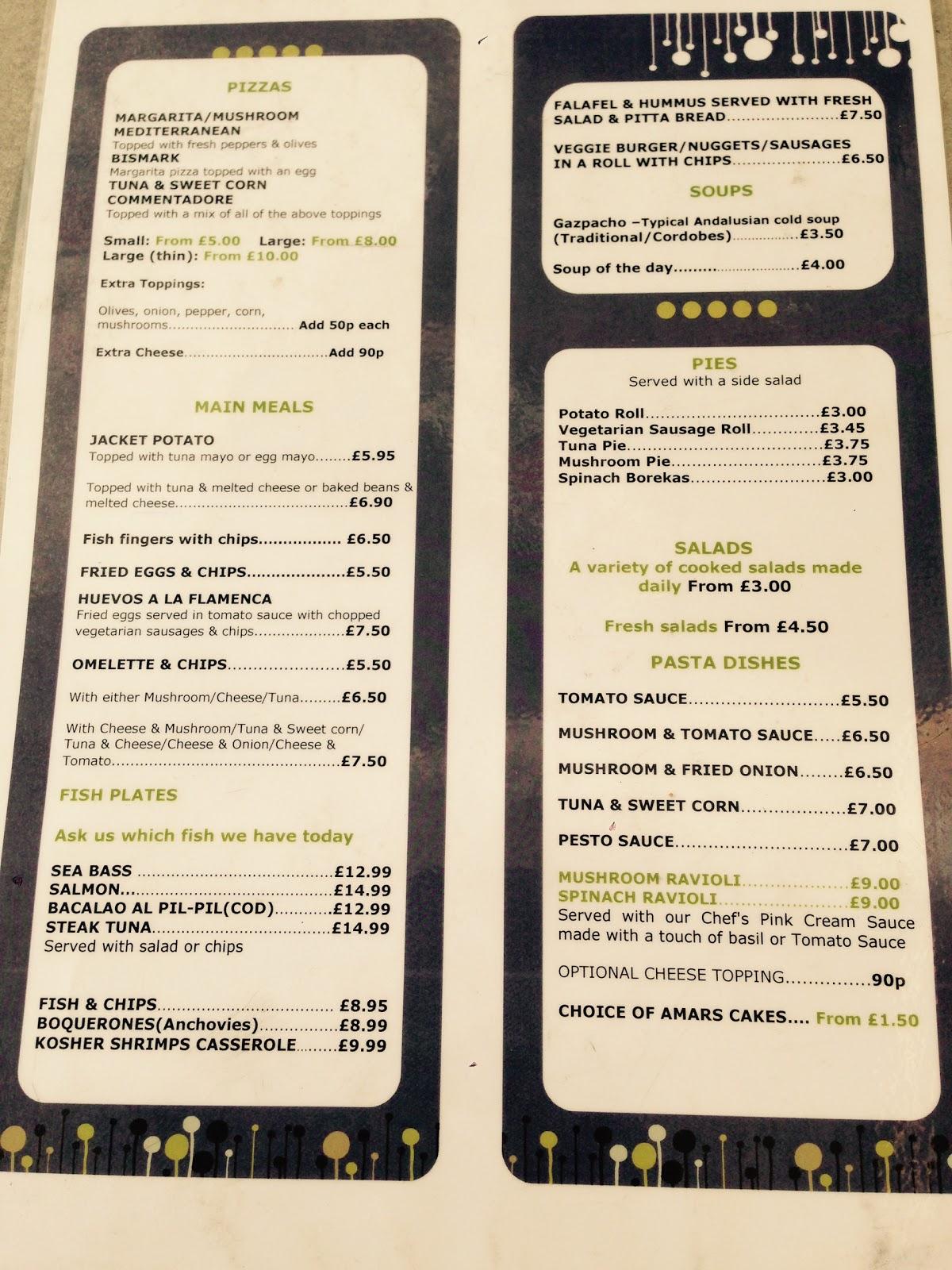 Menu at Amar's Kosher Bakery/Restaurant, Gibraltar