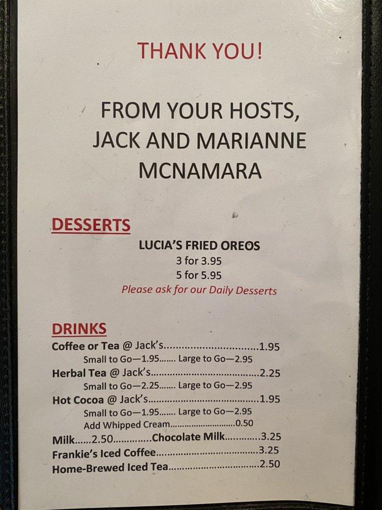 Menu at Jack's Cafe, Verona