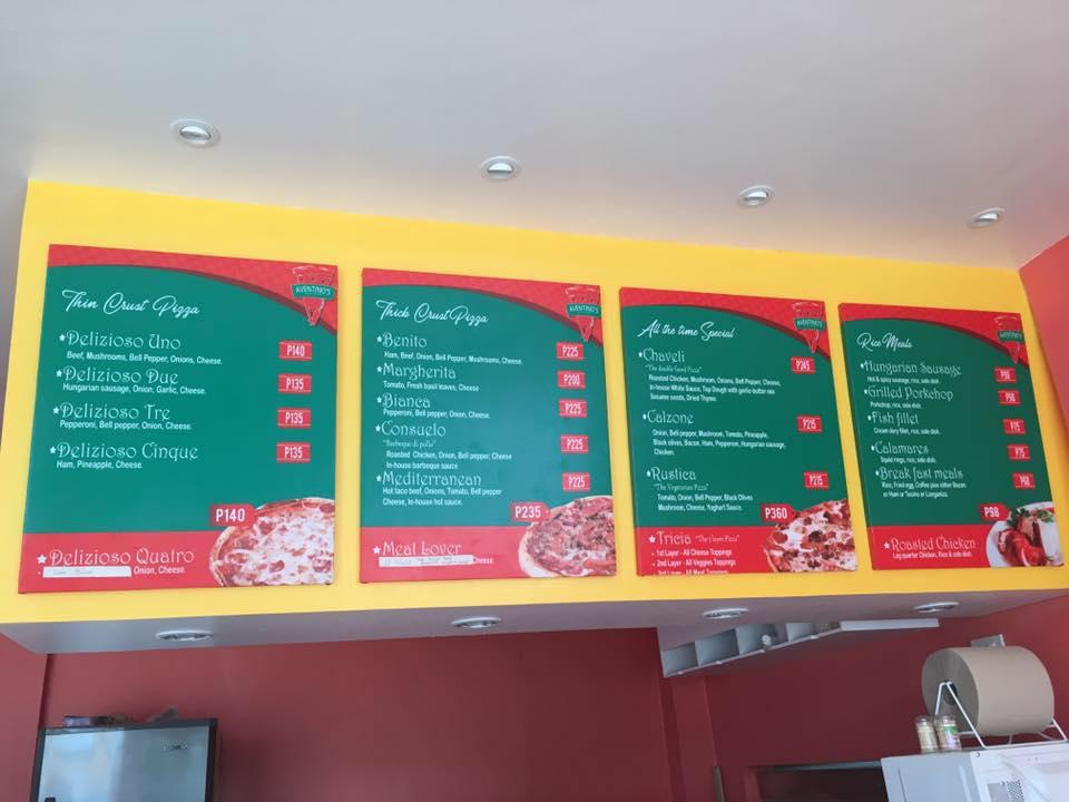 Menu at Aventino's Liloan restaurant, Liloan