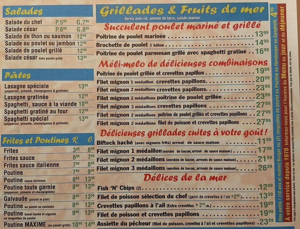 Menu au Maxime pizzeria, Drummondville