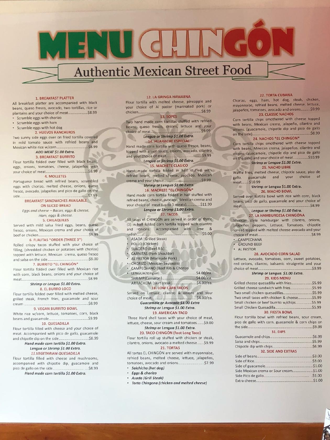 Menu at TACO EL CHINGÓN 3 restaurant, Bellmore