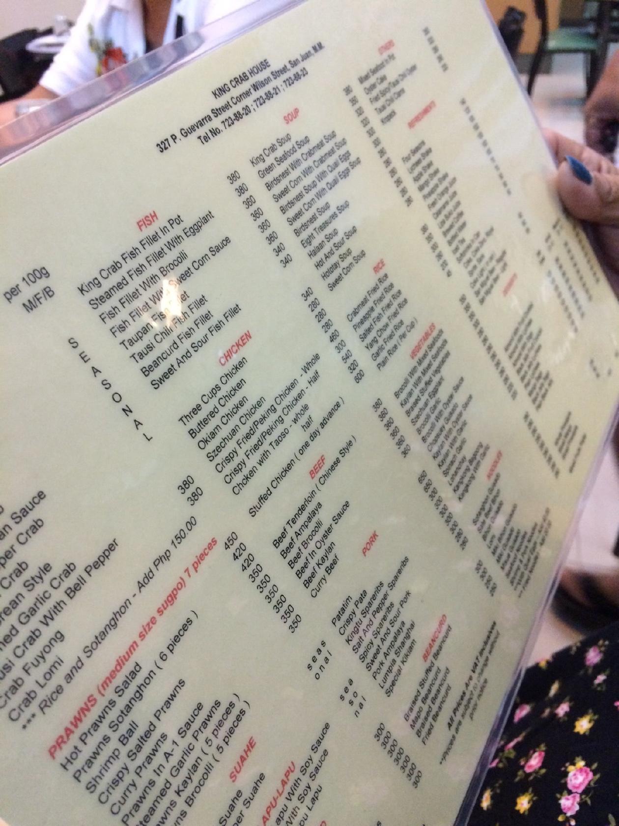 Menu at King Crab House restaurant, San Juan, H2XQ+C2C