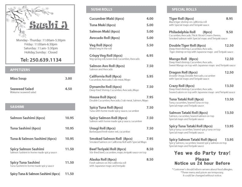 Menu at Sushi J restaurant, Kitimat, 248 City Centre