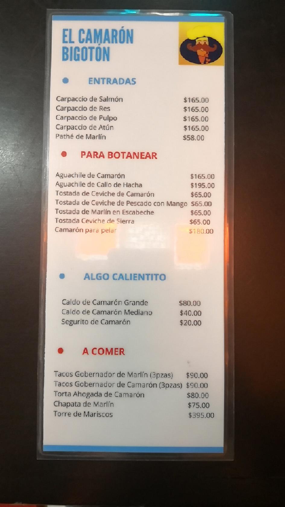 Menu at El Camaron Bigoton restaurant, Mexico