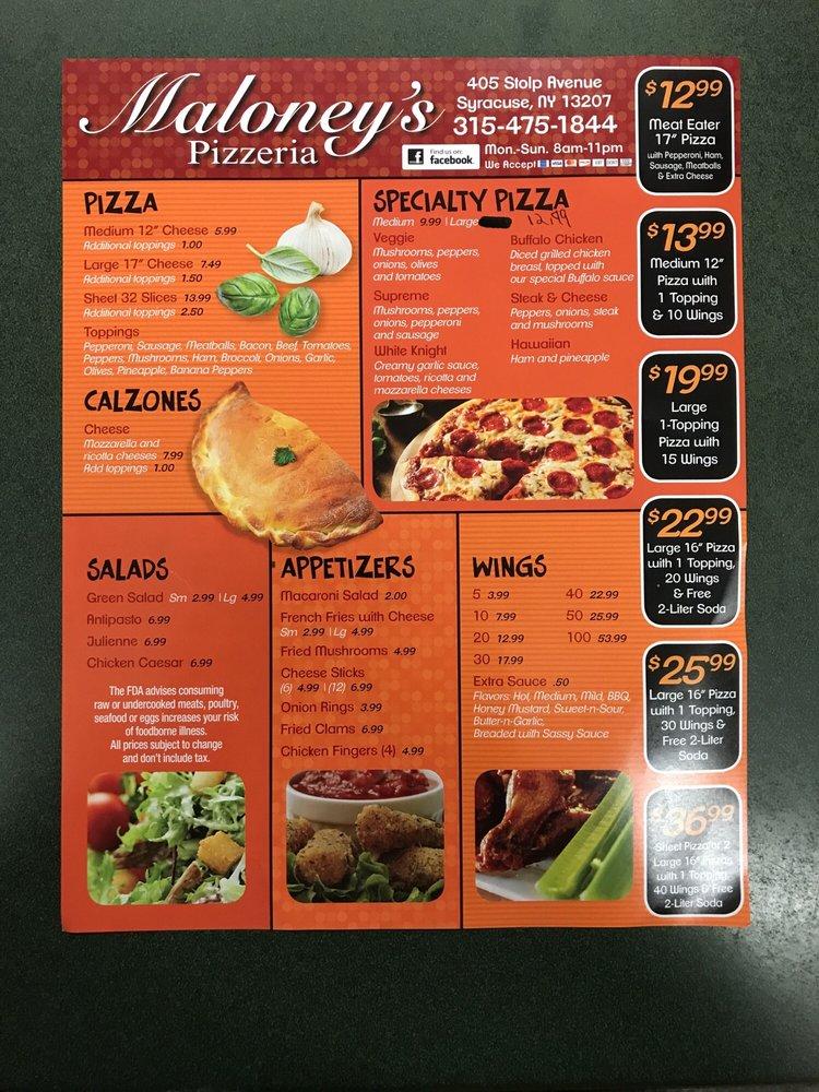 Menu at Maloney's Pizzeria, Syracuse