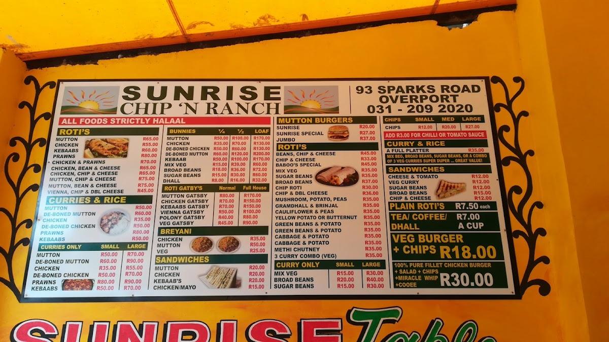 Menu at Sunrise Chip N Ranch, Overport, Durban restaurant, Durban, 93 ...