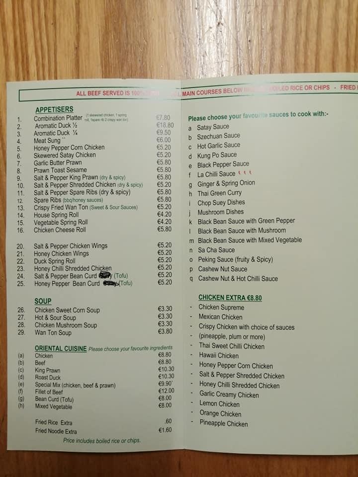 Menu at LING' GARDEN CHINESE RESTAURANT, Borrisoleigh