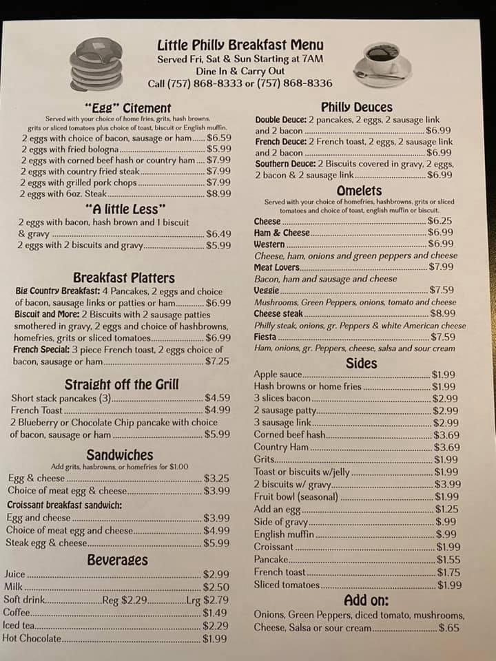 Menu at little philly cheesesteaks restaurant poquoson