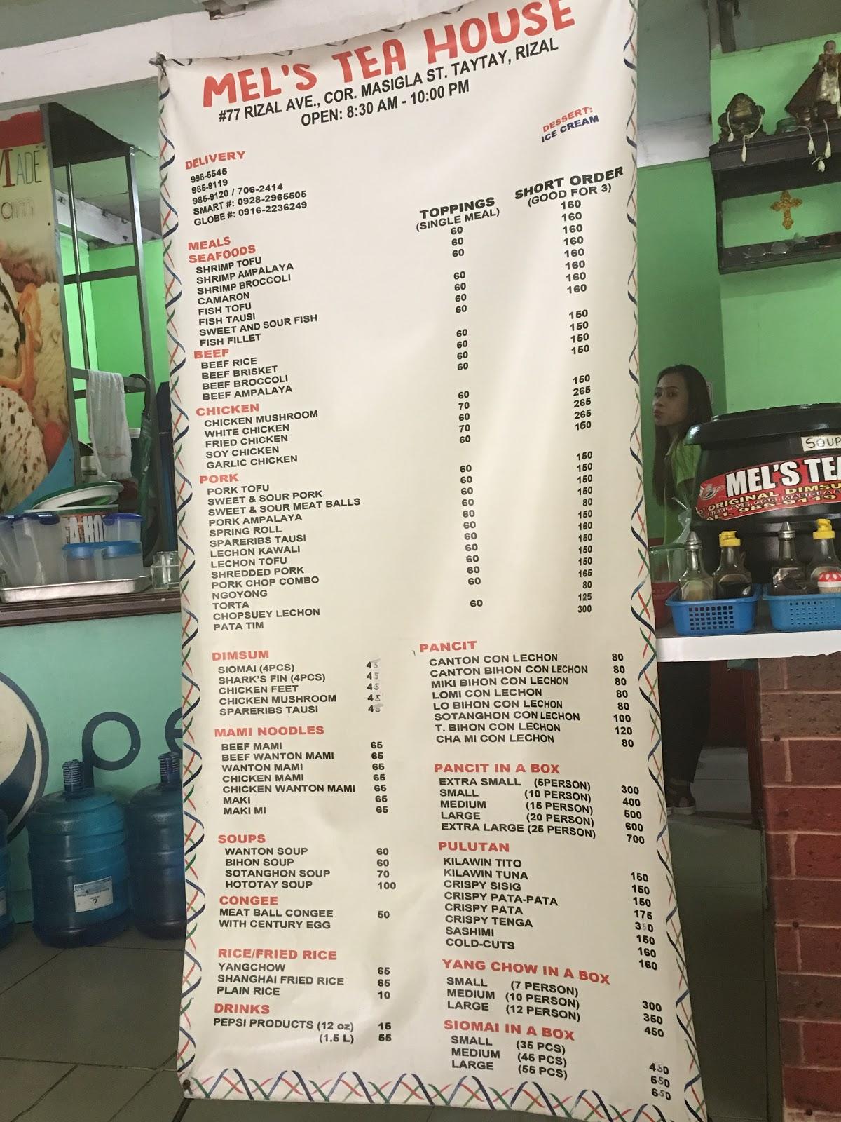 Menu at Mel's Tea House restaurant, Taytay
