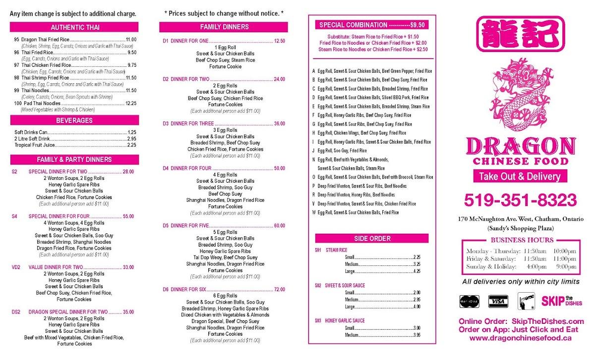 Menu at Dragon Chinese Food restaurant, ChathamKent
