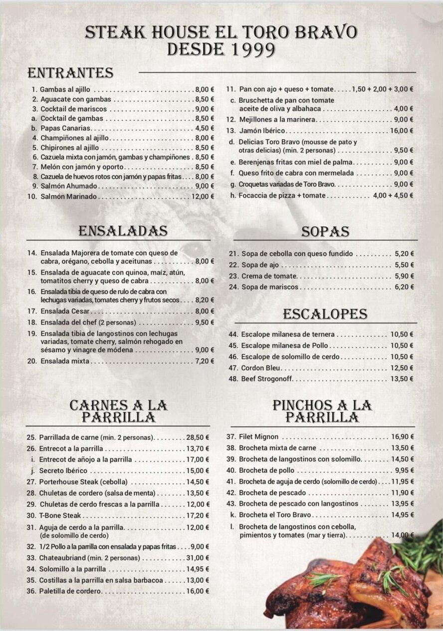 Menu at Restaurante El Toro Bravo, Corralejo