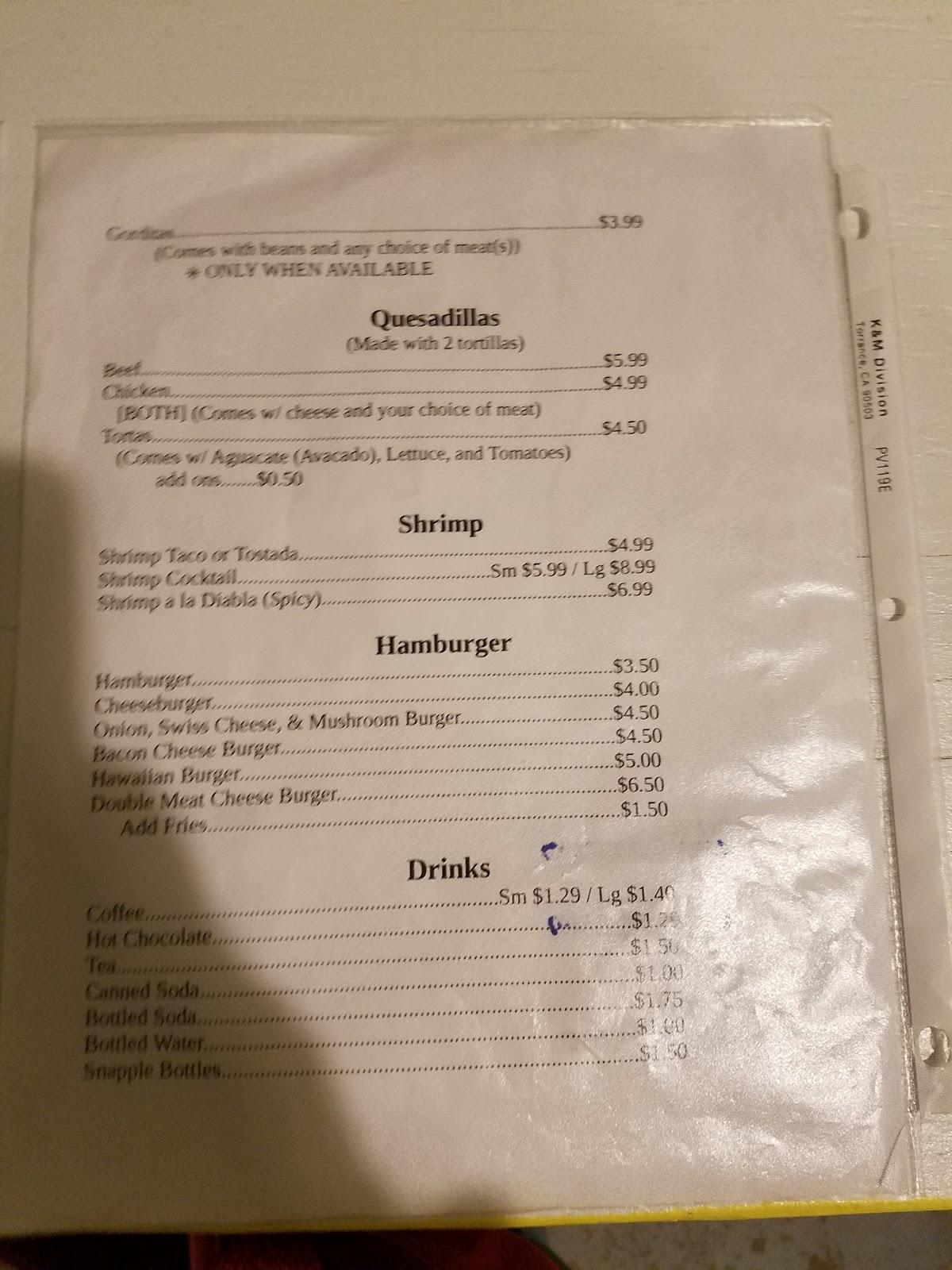 Menu at The Taco Shop restaurant, Lometa