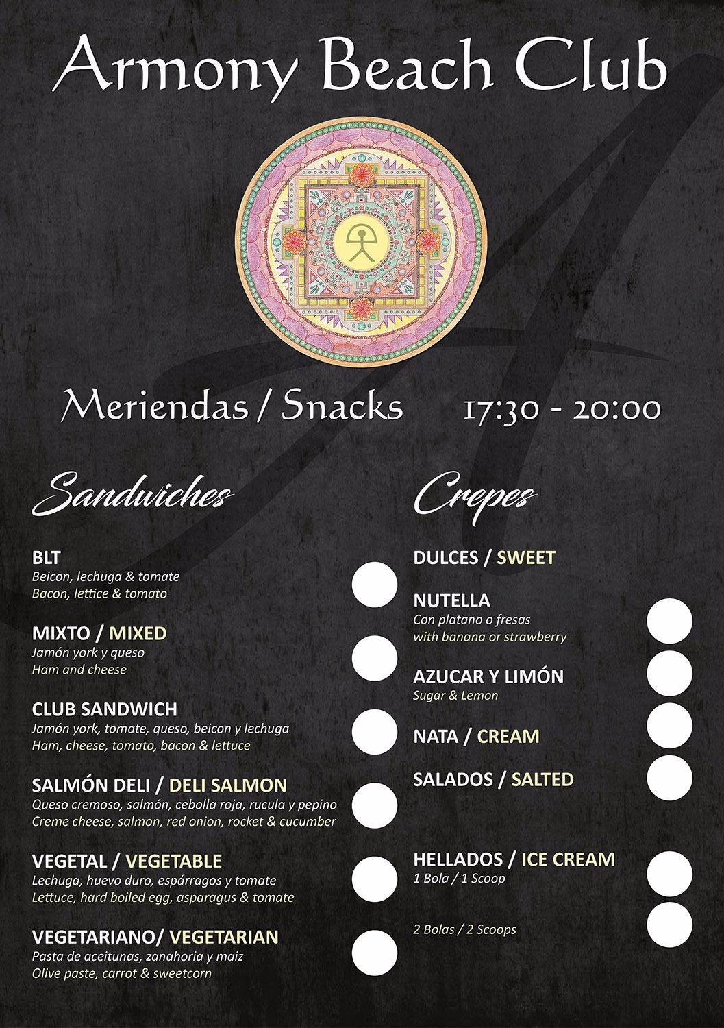 Menu at Armony Beach Club, Spain