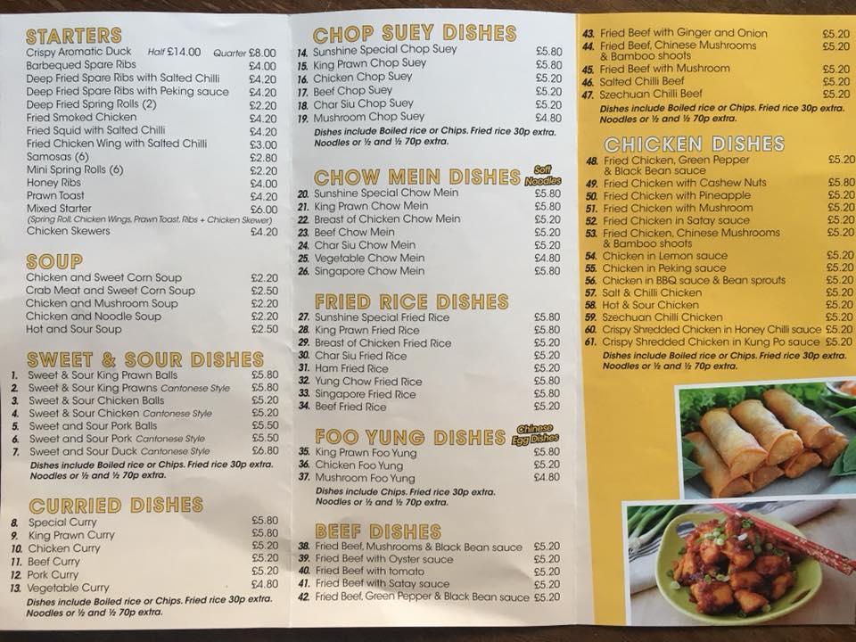 Menu at Sunshine Chinese Takeaway and Delivery fast food, Belfast
