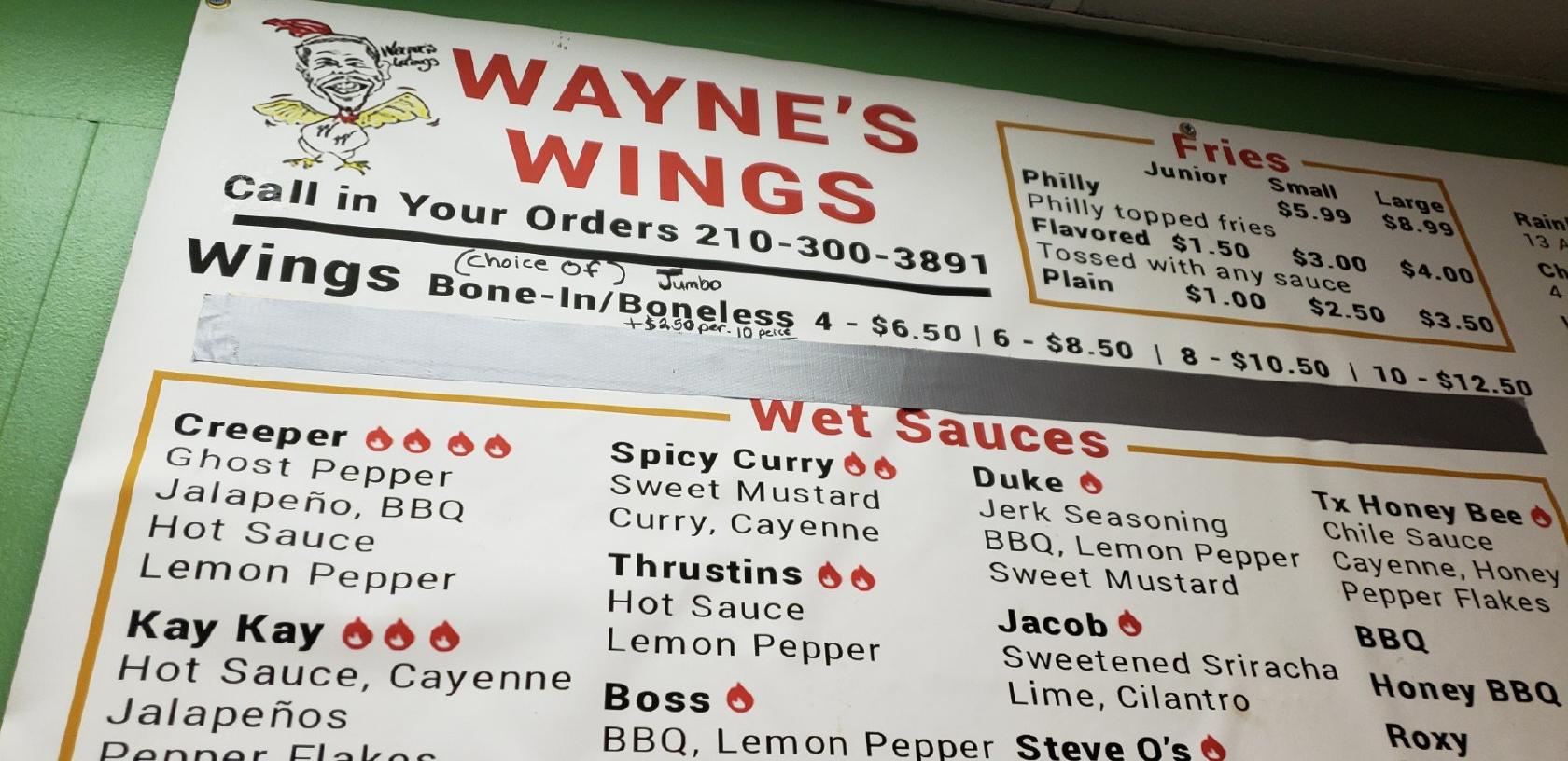 Menu at Wayne's Wings restaurant, San Antonio, Walzem Rd