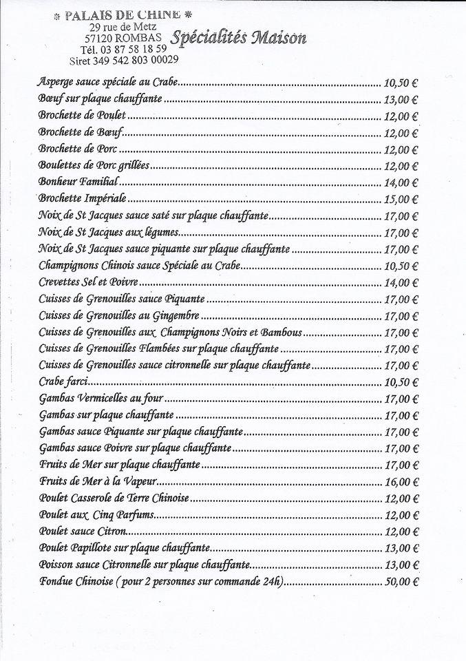 Menu de Palais de Chine
