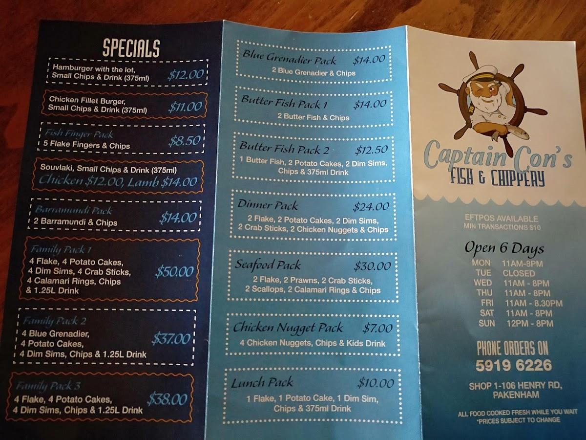 Menu at Captain Con's Fish and Chips restaurant, Pakenham