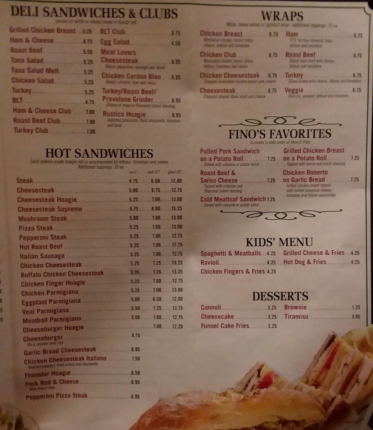 Menu at Fino's Pizzeria, Trumbauersville
