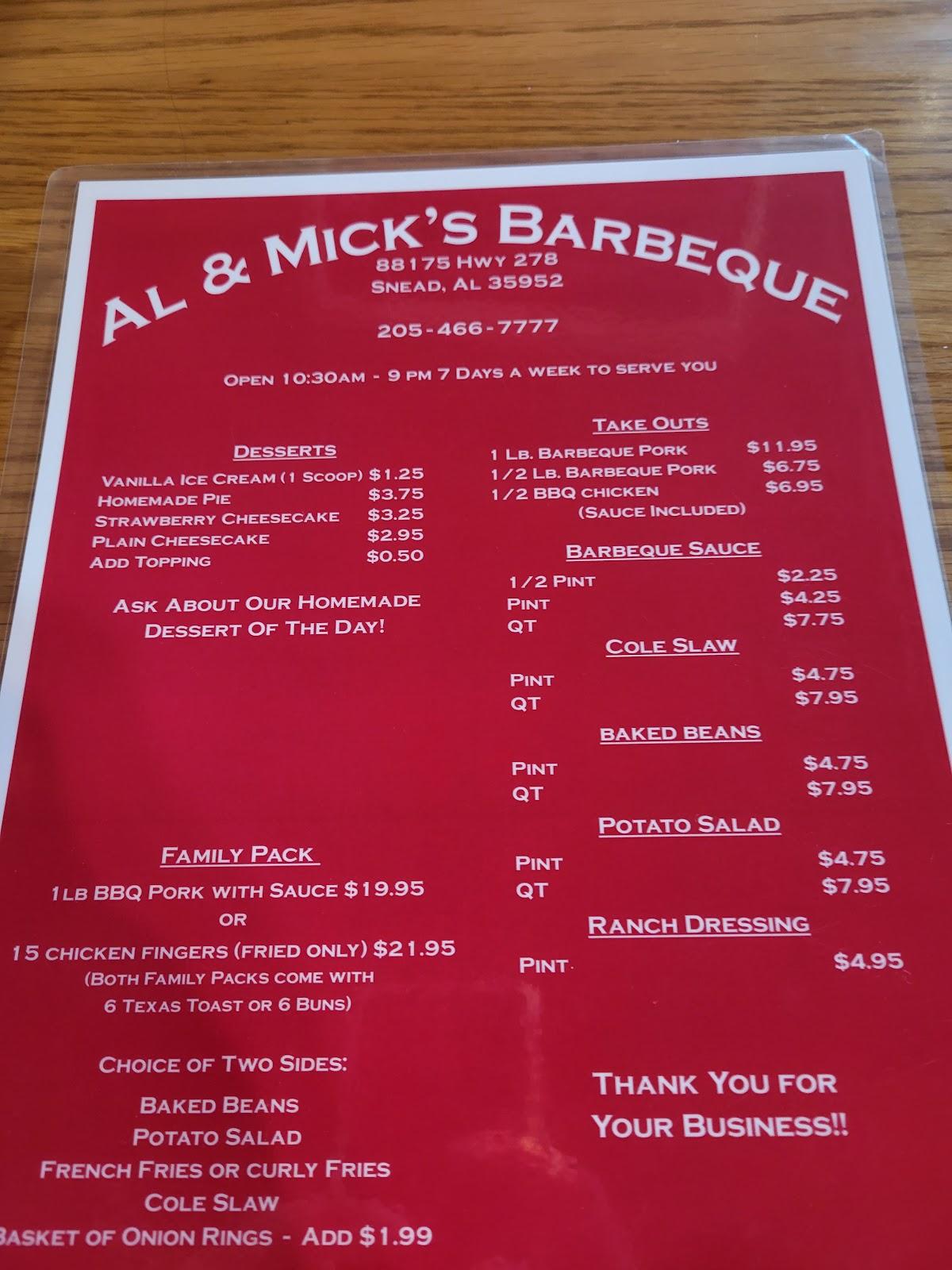 Menu at Al & Mick's Barbeque, Snead