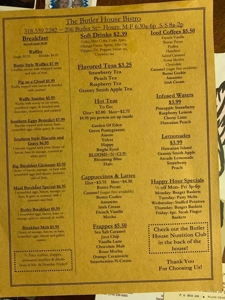 Menu at Butler House Bistro restaurant, Springhill