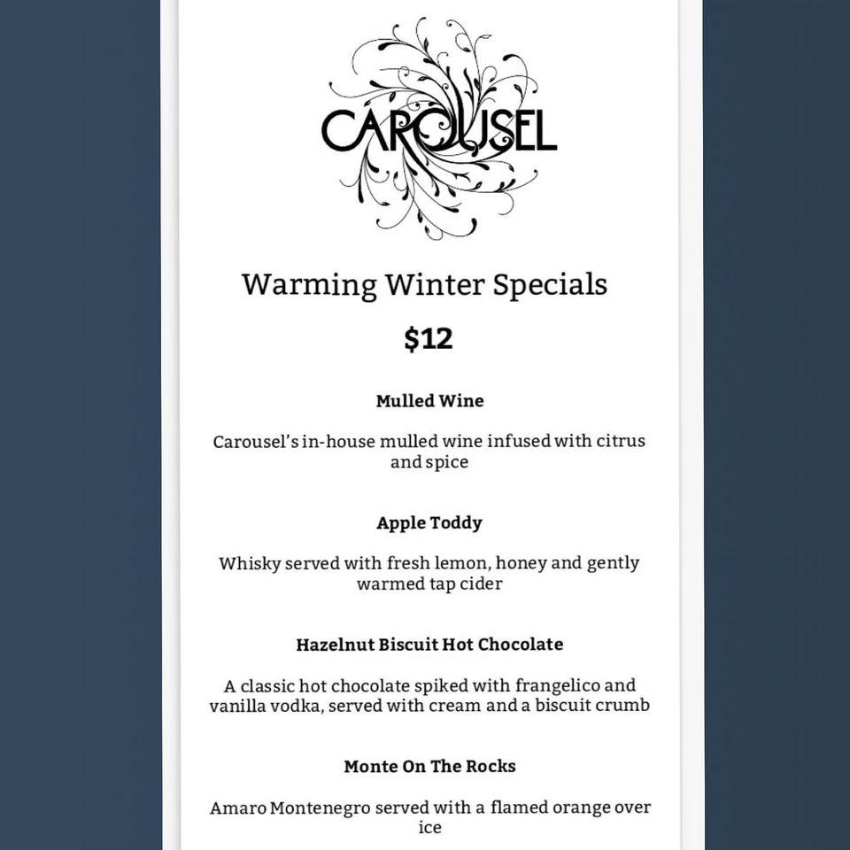 Menu at Carousel Lounge Bar, Dunedin