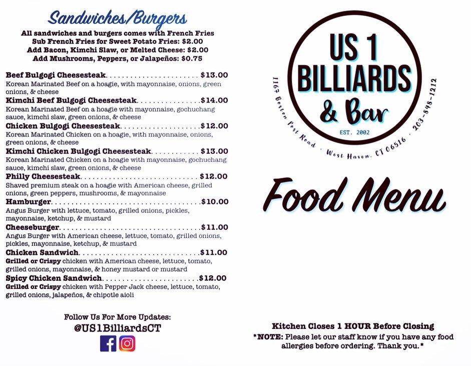Menu at US 1 Billiards & Bar, West Haven