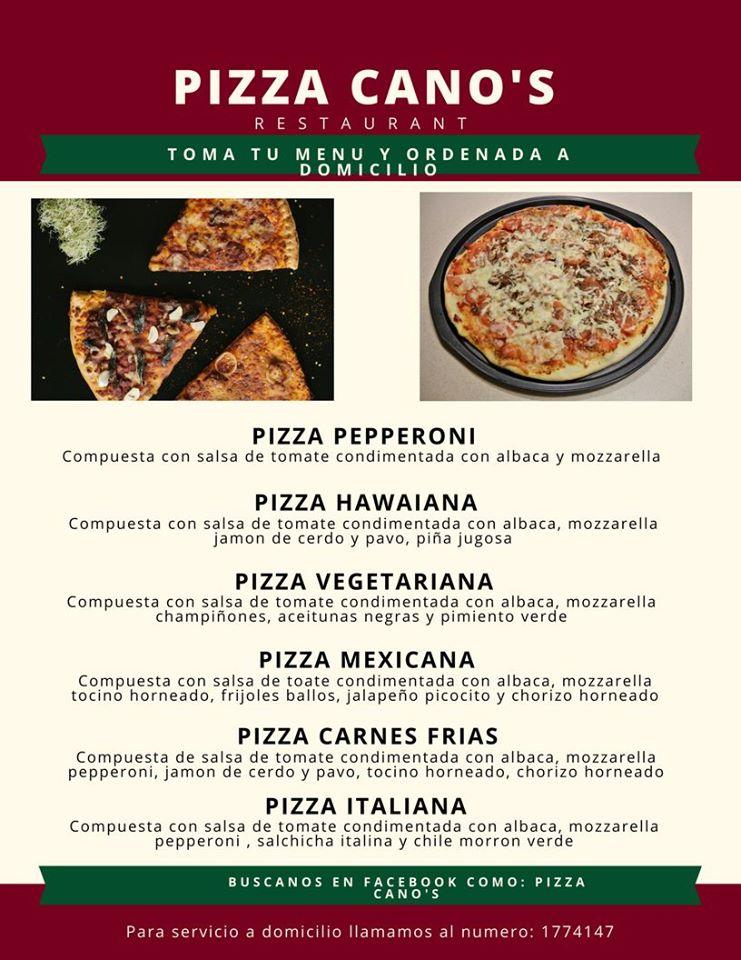 Menu at Pizza Cano’s restaurant, Ensenada