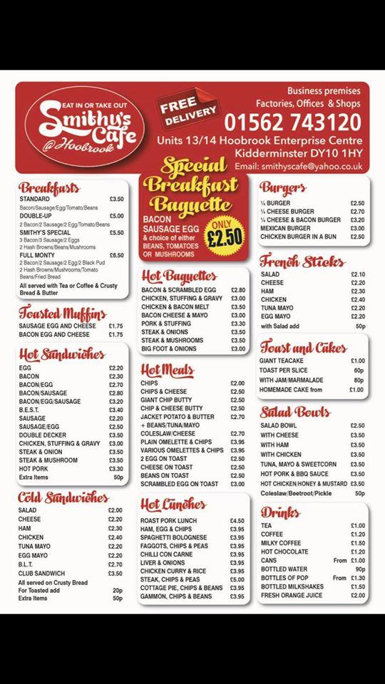 Menu at Smithy's Cafe, Kidderminster, Hoobrook Enterprise Centre