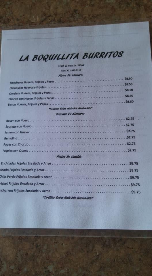 Menu at La Boquillita Burritos restaurant, West Odessa