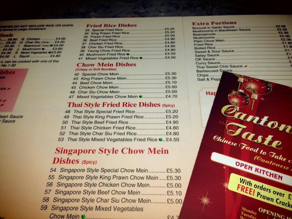 Menu at Canton Taste restaurant, Manchester