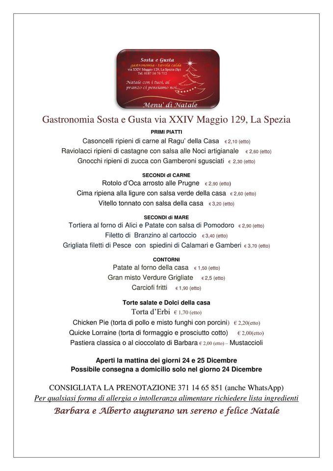 Menu da Sosta e Gusta Gastronomia Tavola Calda ristorante, La Spezia