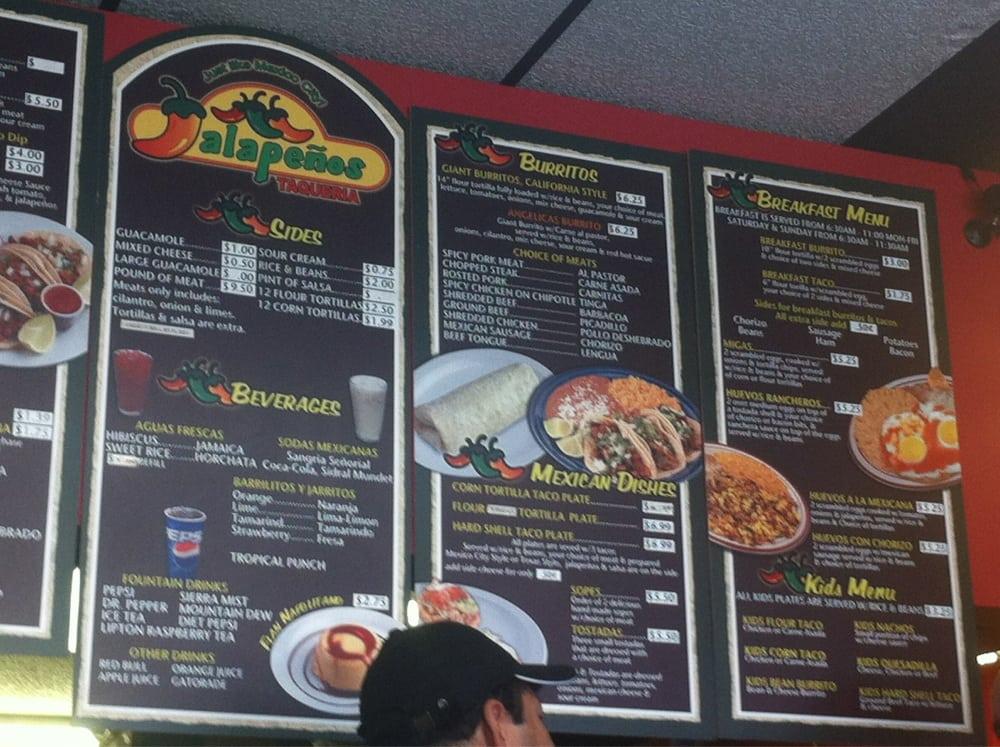 Menu at Jalapeños Taqueria restaurant, Keller