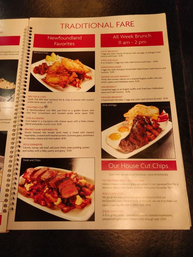 Menu at The Celtic Hearth restaurant, St. John's