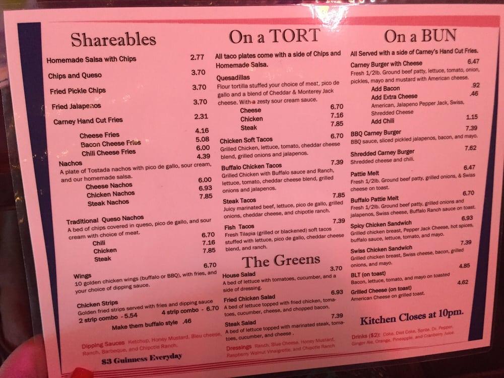 Menu at Carney's Pub and Grill, Bryan
