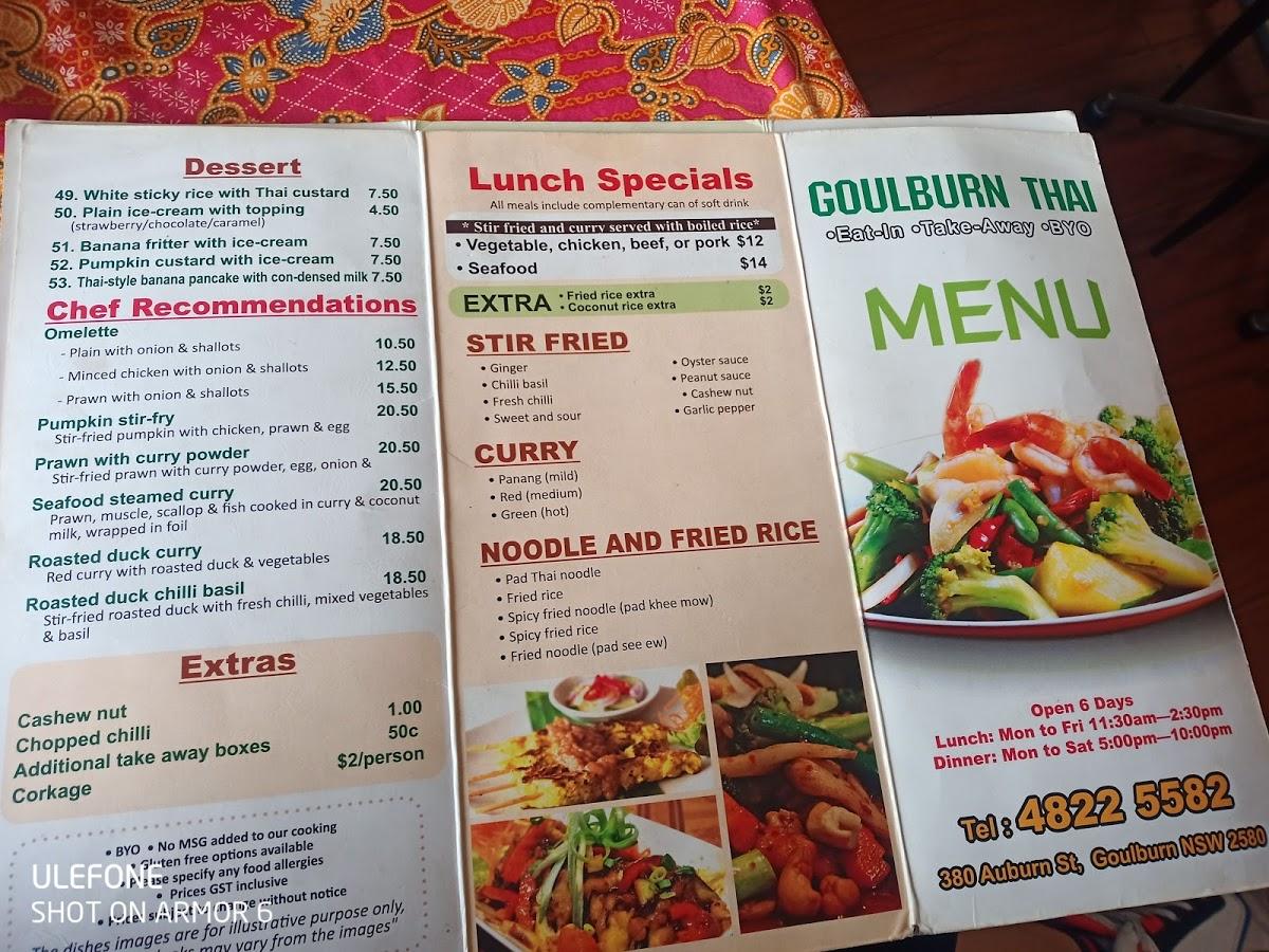 Menu at Goulburn Thai restaurant, Goulburn, 380 Auburn St