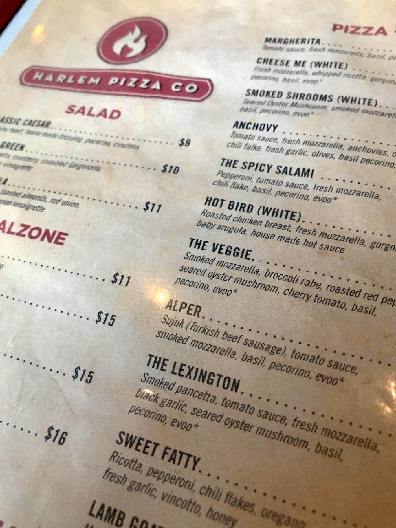 Menu at Harlem Pizza Co. pizzeria, New York City, 135 W 116th St