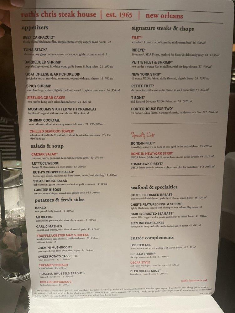 Menu at Ruth's Chris Steak House pub & bar, USA, Morris Turnpike