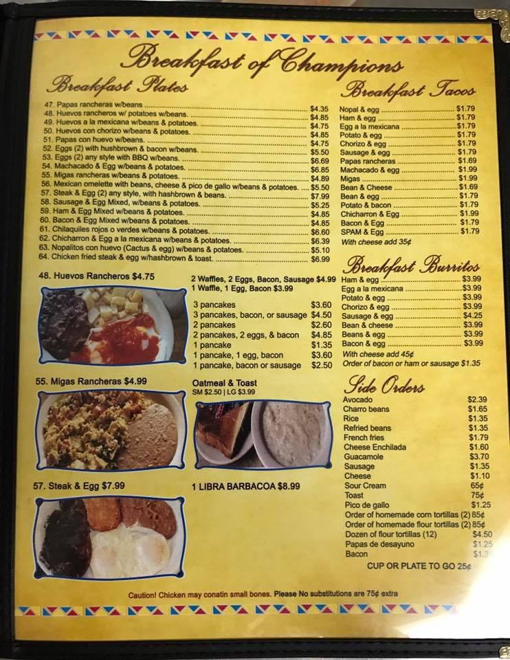 Menu at Taqueria Mexico Lindo restaurant, Corpus Christi