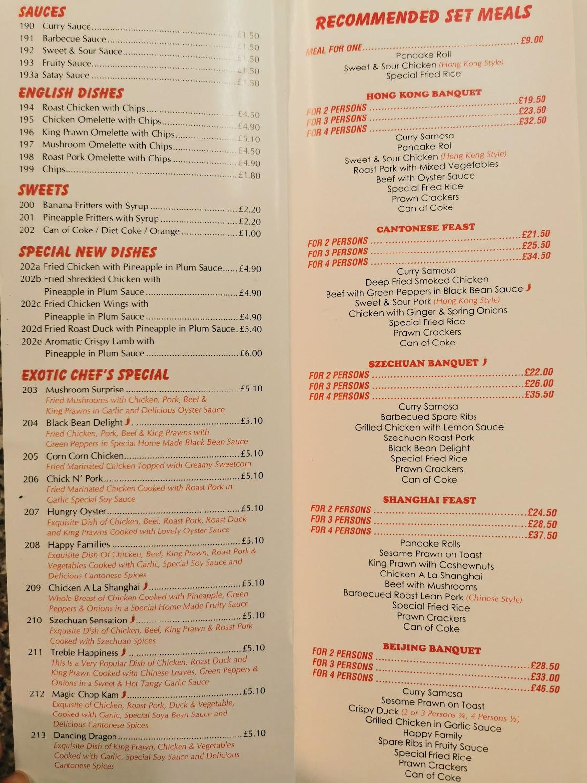 Menu at Hong Kong Inn restaurant, Southampton